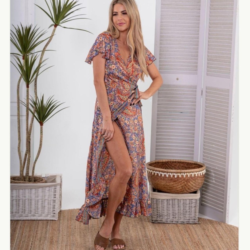 BoHo maxi wrap dress romantic coquette tiered flutter flirty